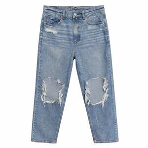 American Eagle High Rise Baggy Straight Jeans Womens 8 Reg Blue Thrashed Ripped